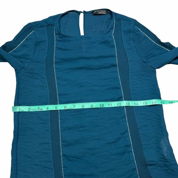 Zara W&B Collection Teal Sheer Mesh Panel Keyhole Back 3/4 Sleeve Blouse - Small - Picture 13 of 16